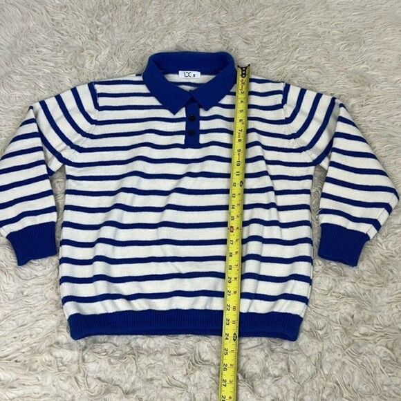 Womens Vintage 70s Acrylic Women Henley Sweater Large White Blue Striped Medium - Picture 6 of 11